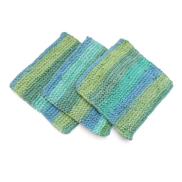 (3) Handmade Knitted Dishcloths Washcloths 100% Cotton Ocean Stripes Ombre 8" - Picture 1 of 3